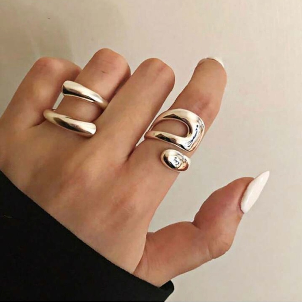 Silver Plated Stainless Steel 2pc Geometric Ring Set